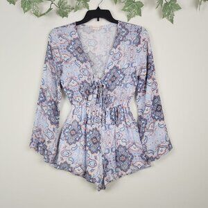Altar'd State Size S Tie Front Long Bell Sleeve Multicolor Boho Paisley Romper